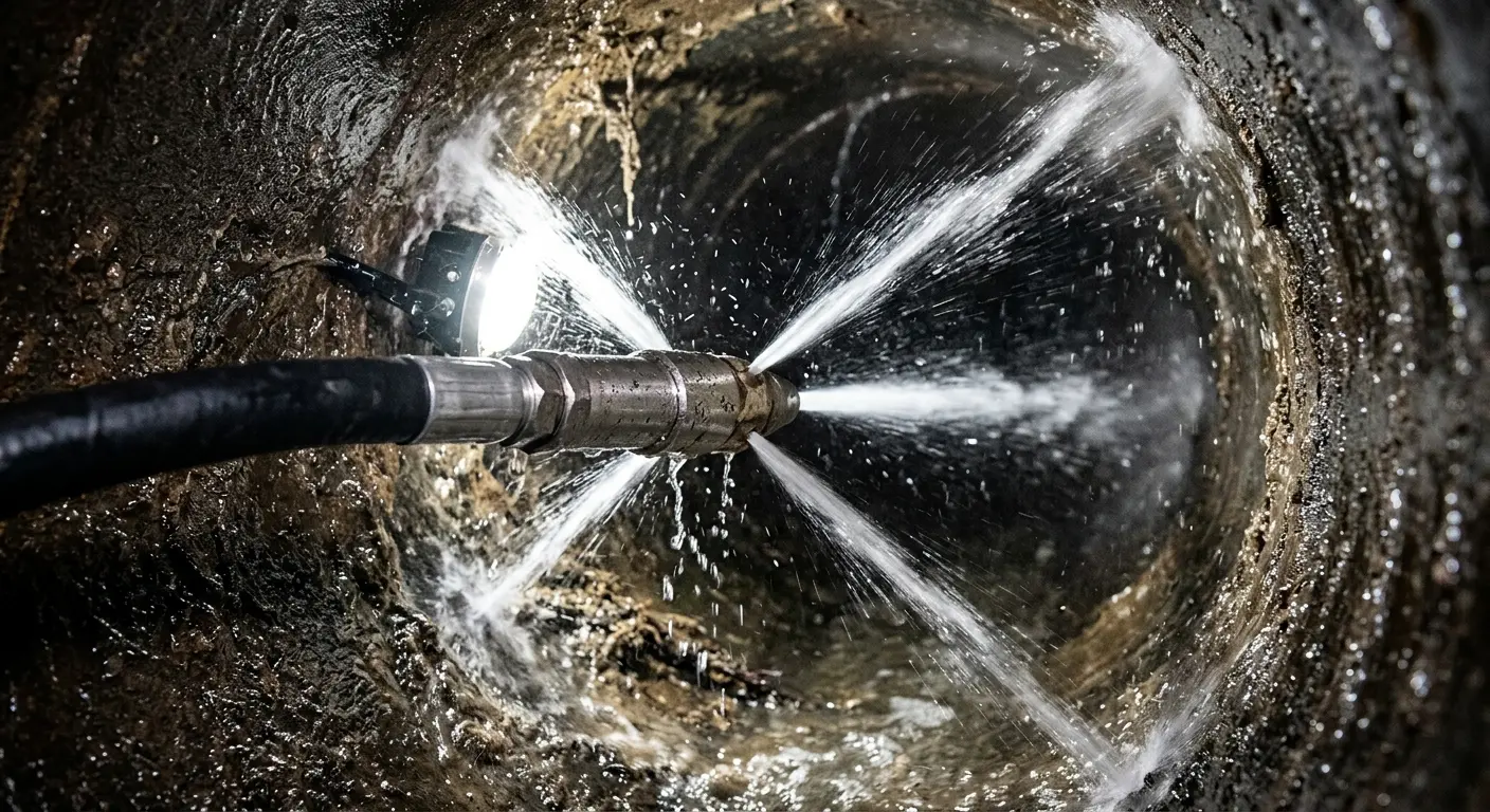 High-pressure hydro jetting nozzle cleaning sewer pipe for Trenchless Sewer Repair in Lumberton