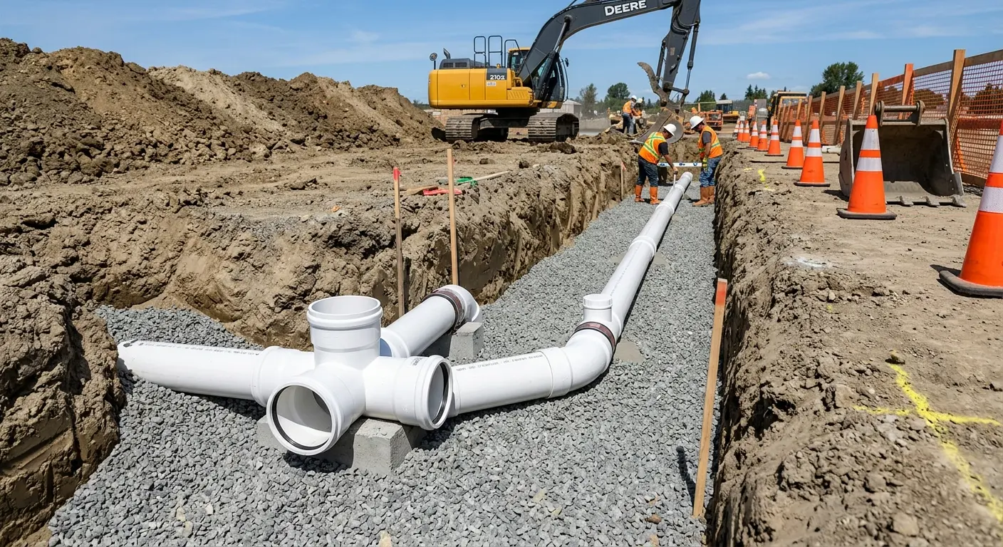 New PVC sewer pipe installation in open trench for Commercial Drain Cleaning in Lumberton